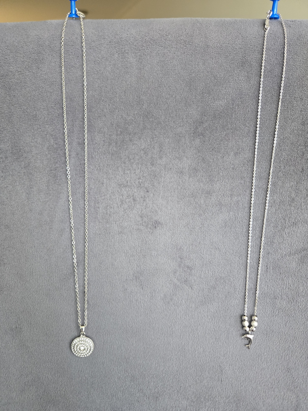 Set of 2 Silver Tone Dainty Necklaces Pave Crystal Disc Jumping Dolphin Lot